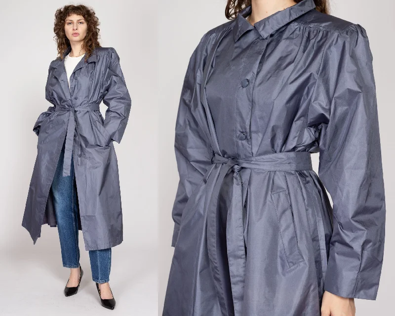 XL 80s Shiny Slate Grey Belted Trench Rain Jacket