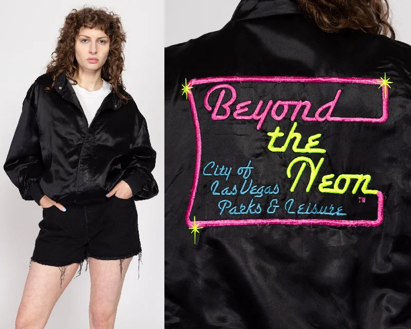 XL-XXL 80s Las Vegas ""Beyond The Neon"" Black Satin Bomber Jacket