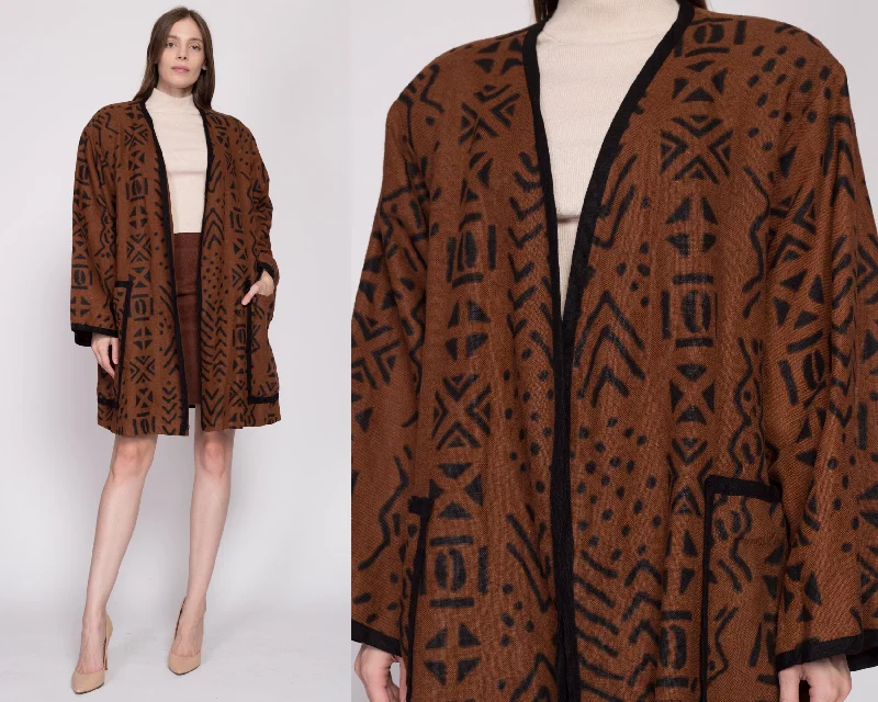 80s Boho Brown Linen Open Fit Jacket - One Size